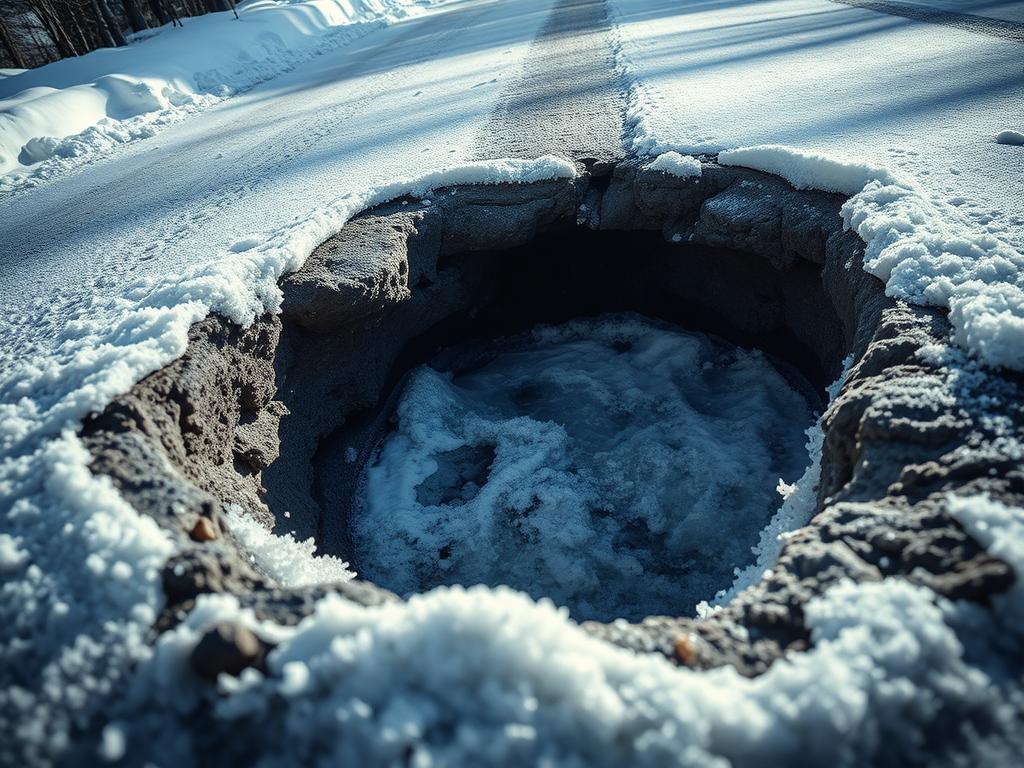 雪に覆われた道路にできた穴と中に見える水