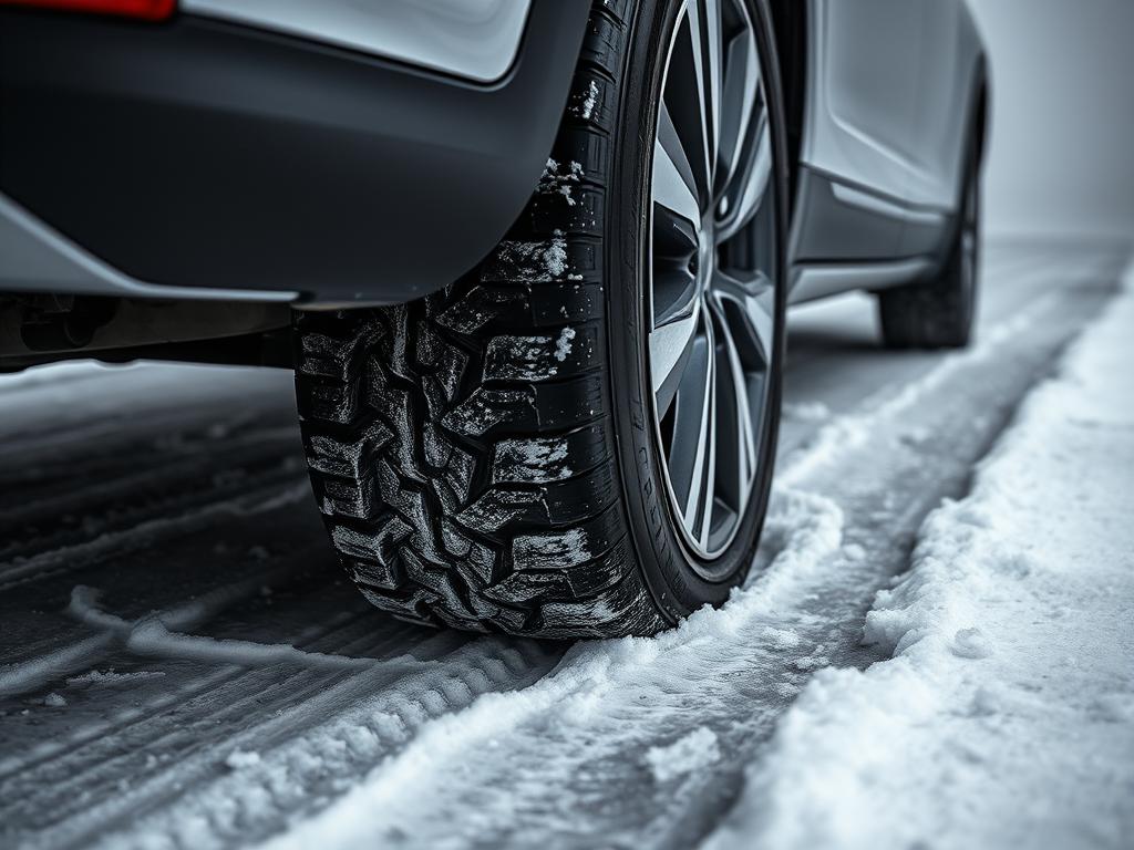 雪道で車が走っているタイヤのアップ写真