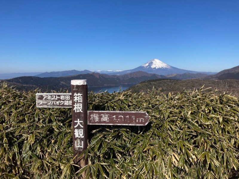 箱根大観山の標識と富士山の景色