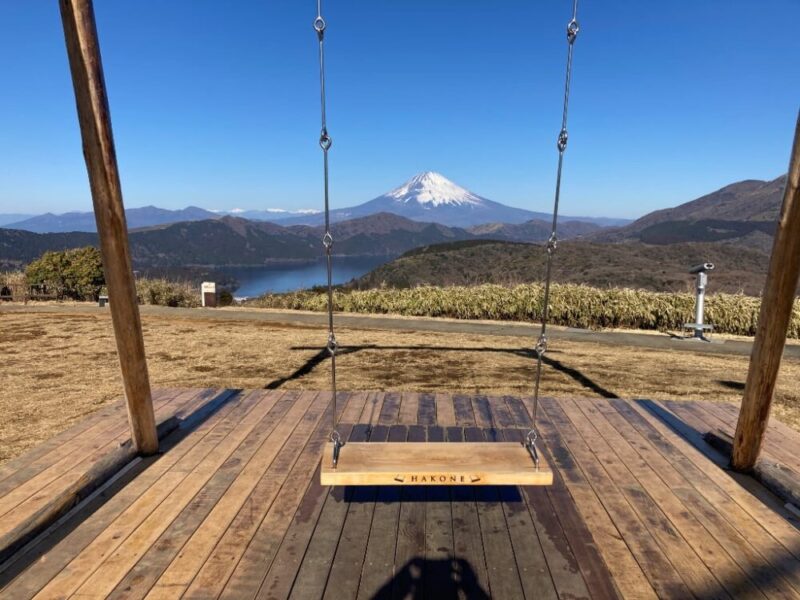 箱根のブランコから見た富士山と湖の景色