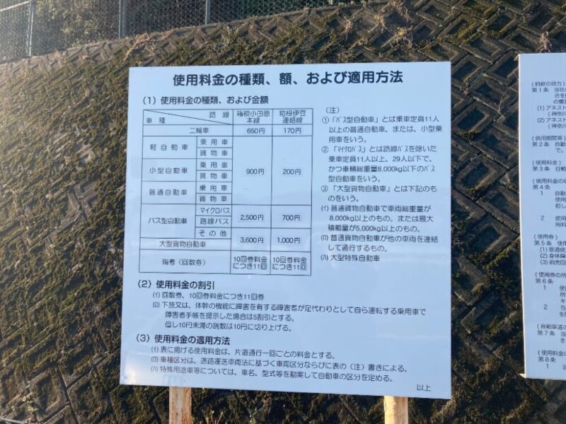 ターンパイク料金の種類と金額が書かれた表